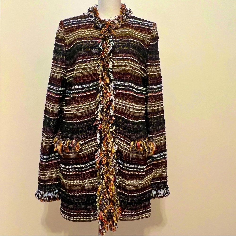 St. John Multicolored Long Cardigan Fringe Detail Quiet Luxury Timeless Elegance - Picture 2 of 12